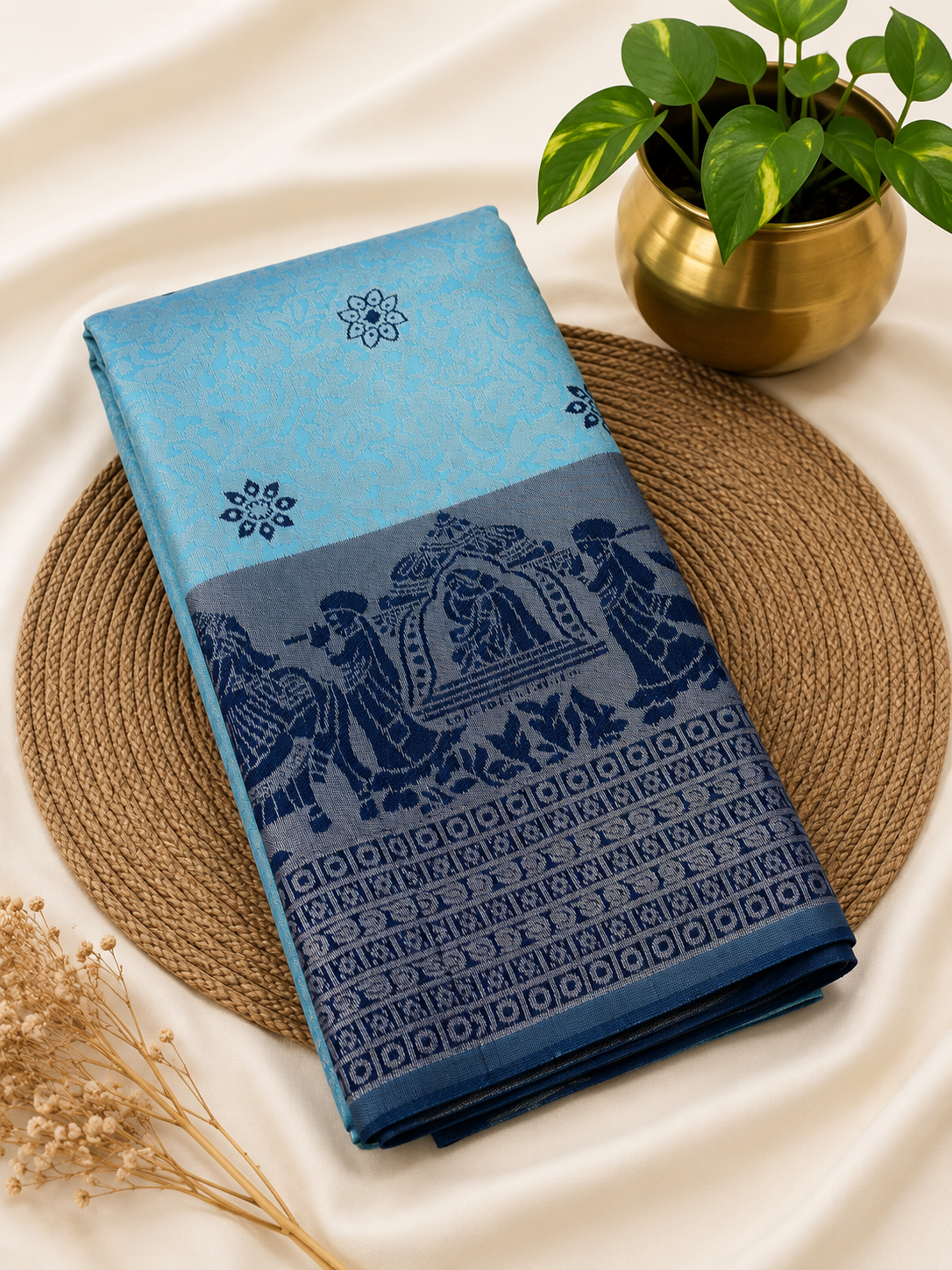 Premium Pallaku Silk Saree – Sky Blue with Navy Blue Contrast | Festive Silk Saree | Sri Nandhini Tex | SNTS001