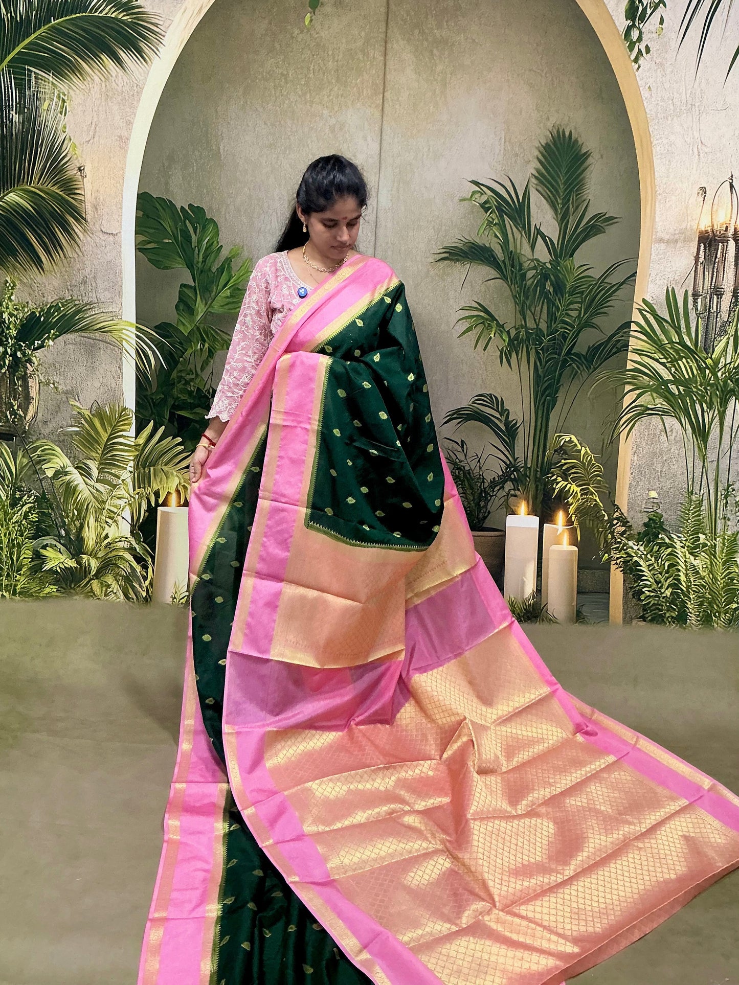 Premium Soft Silk Saree – Bottle Green Body with Baby Pink Rich Border | Traditional Rich Design | Sri Nandhini Tex | SNTKS028
