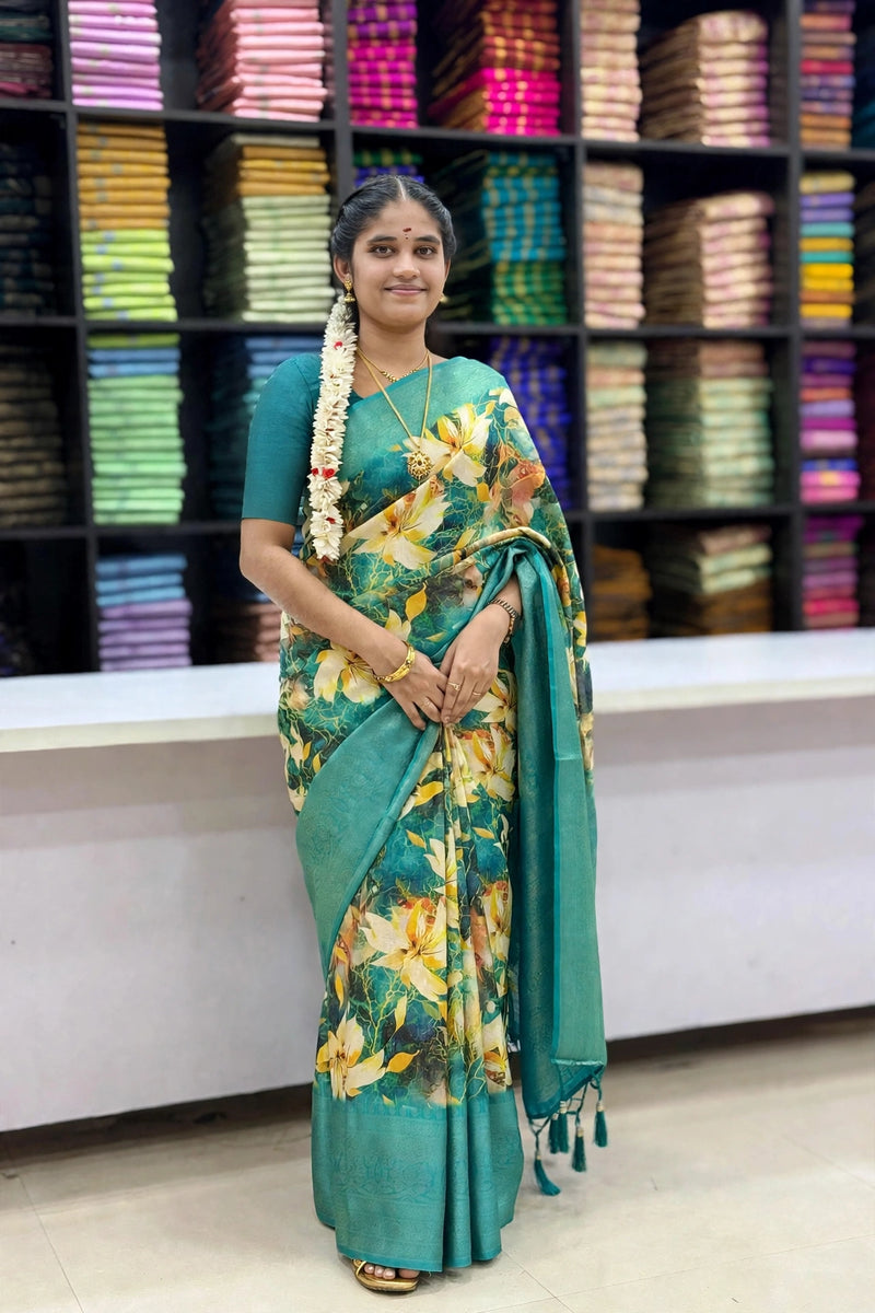 Teal Blue Floral Print Designer Saree with Broad Border & Tassel Pallu | SNTFL104 | Sri Nandhini Tex