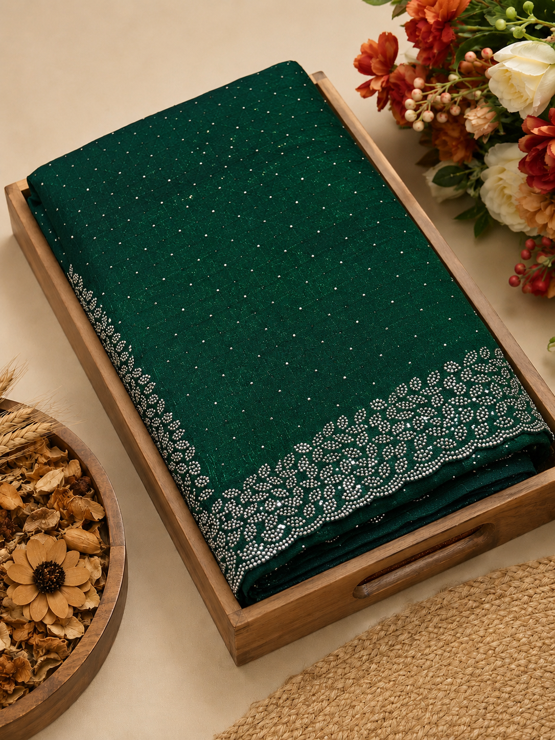 Premium Space Silk Saree – Forest Green with Silver stone leaf Border | Festive Designer Saree | Sri Nandhini Tex | SNTLS03