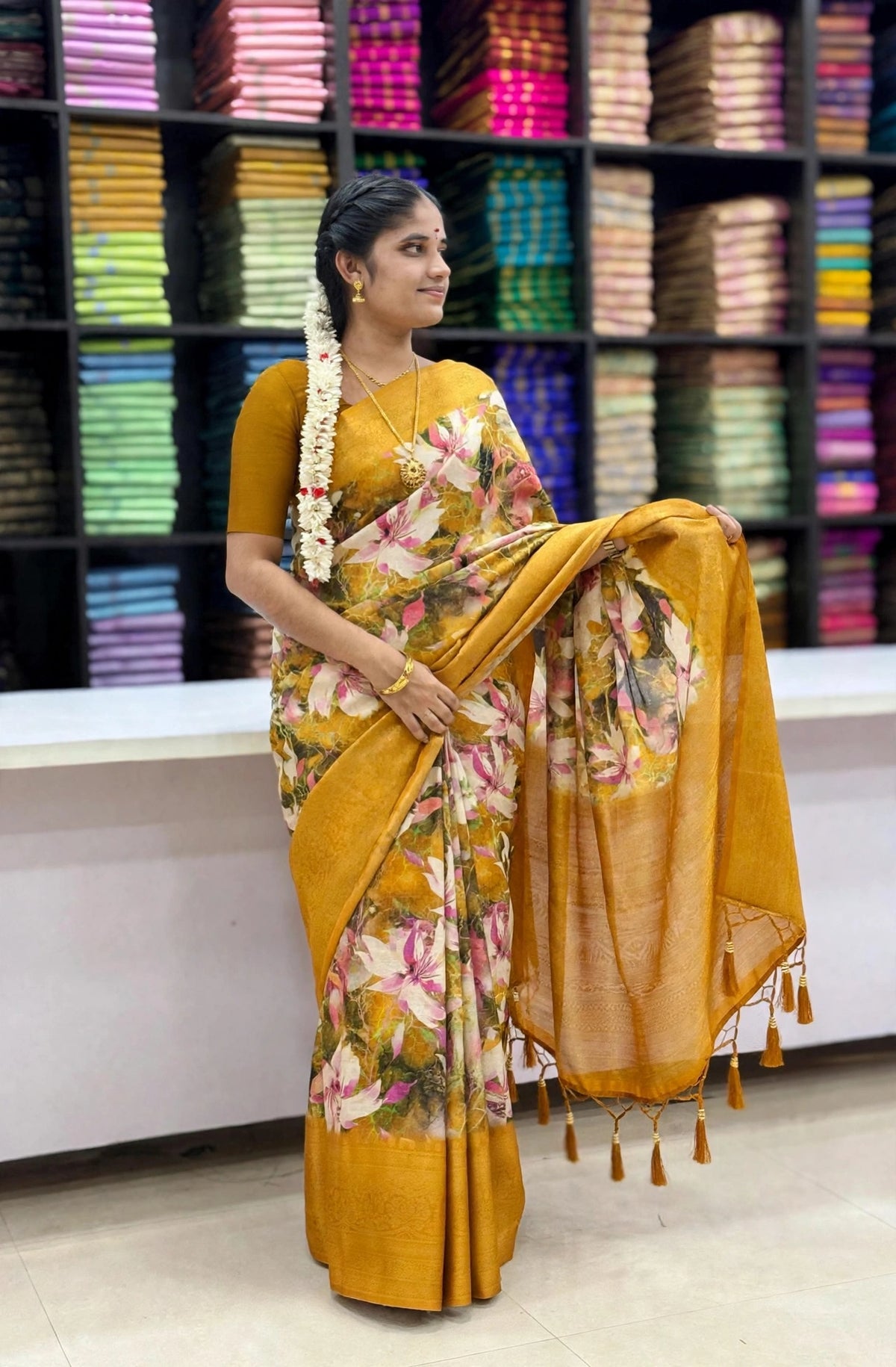 Mustard Yellow Floral Print Designer Saree with Broad Border & Tassel Pallu | SNTFL102 | Sri Nandhini Tex