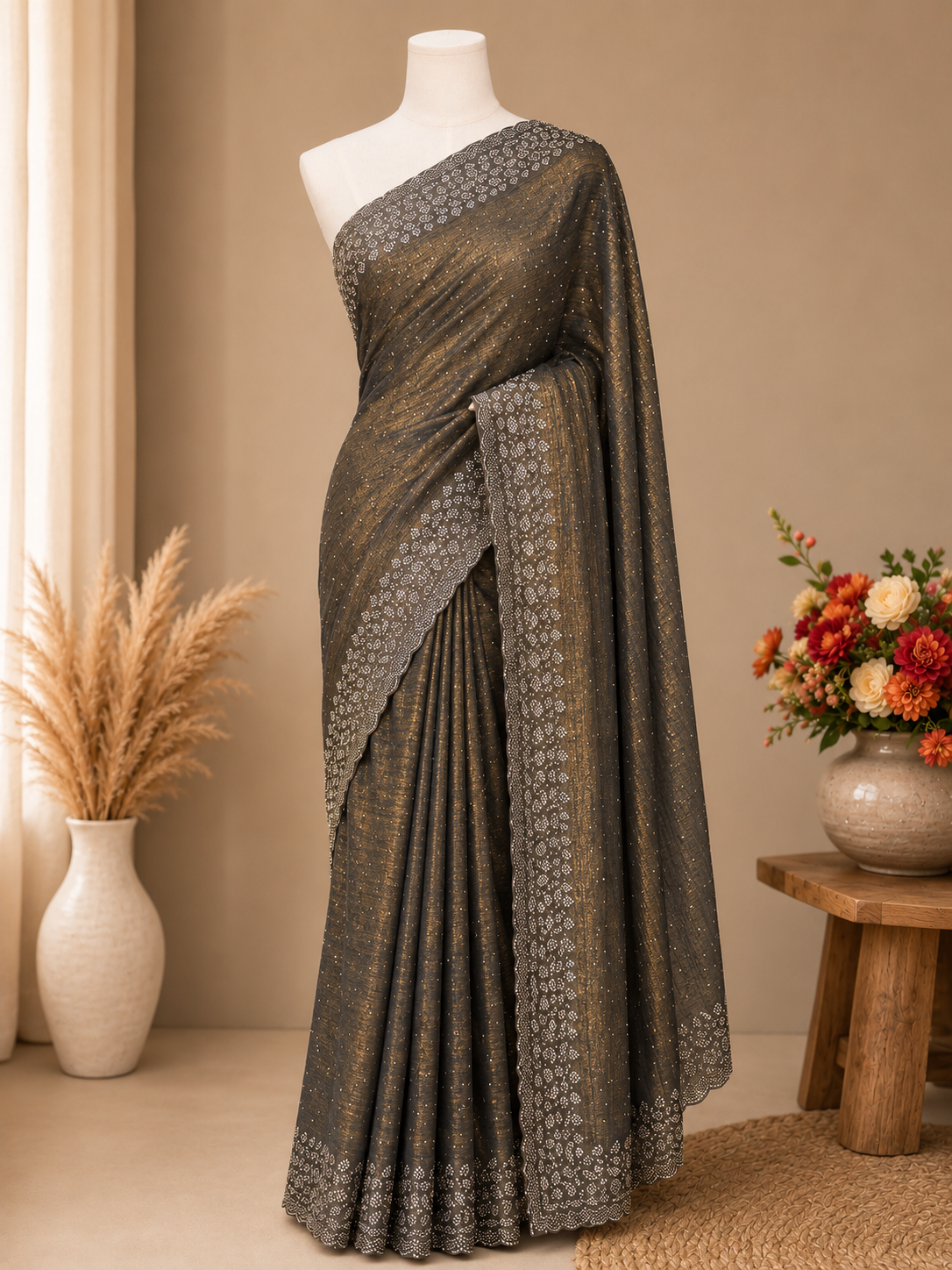 Premium Space Silk Saree – Antique Gold with Silver Grey leaf stone work Border | Festive Silk Saree | Sri Nandhini Tex | SNTLS04
