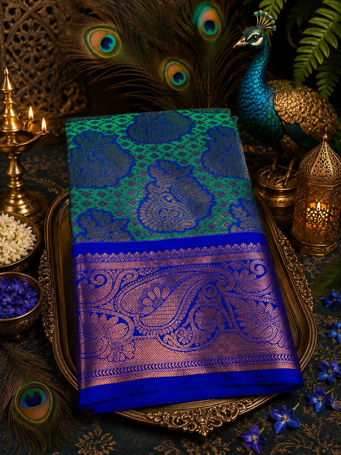 Premium Elampillai Mayil Pattu Saree – Emerald Green with Royal Blue Peacock Zari Border | Sri Nandhini Tex | SNTMPS001