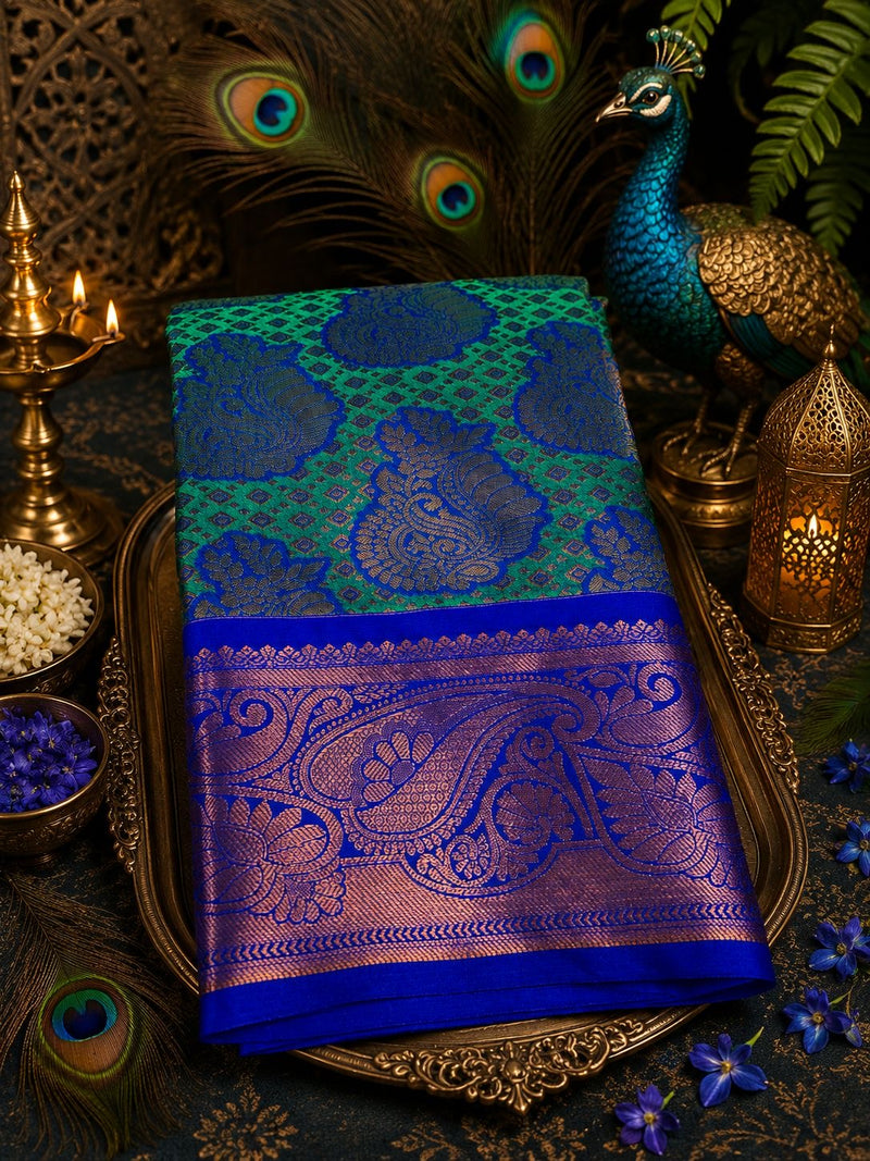 Premium Elampillai Mayil Pattu Saree – Emerald Green with Royal Blue Peacock Zari Border | Sri Nandhini Tex | SNTMPS001