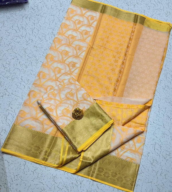Semi Kanchipuram Soft Cotton Saree – White with Yellow Zari Border