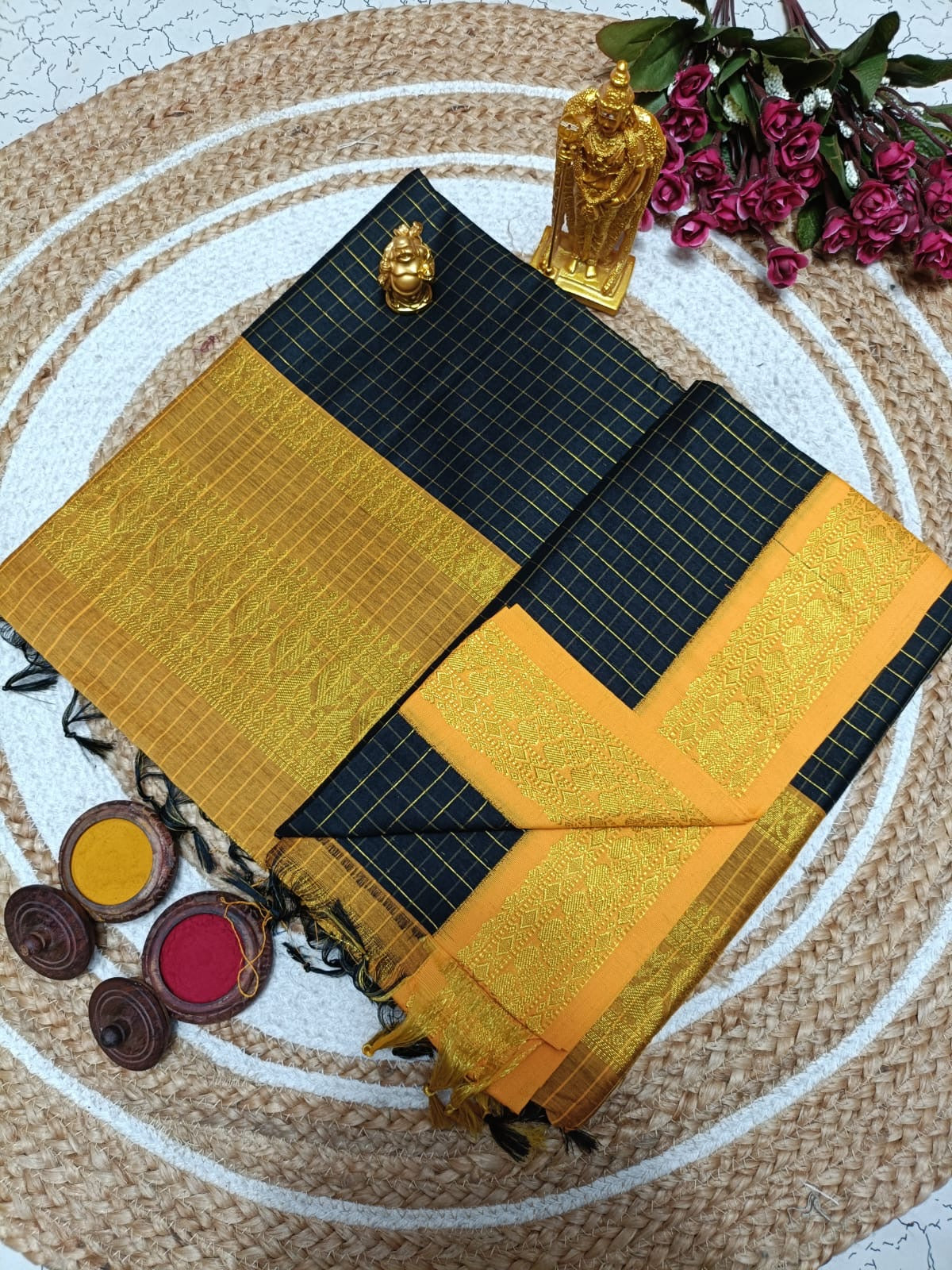 Kalyani Cotton Saree in Black with Mustard Yellow Zari Border and Grand Traditional Weaving Pallu for Occasion Wear