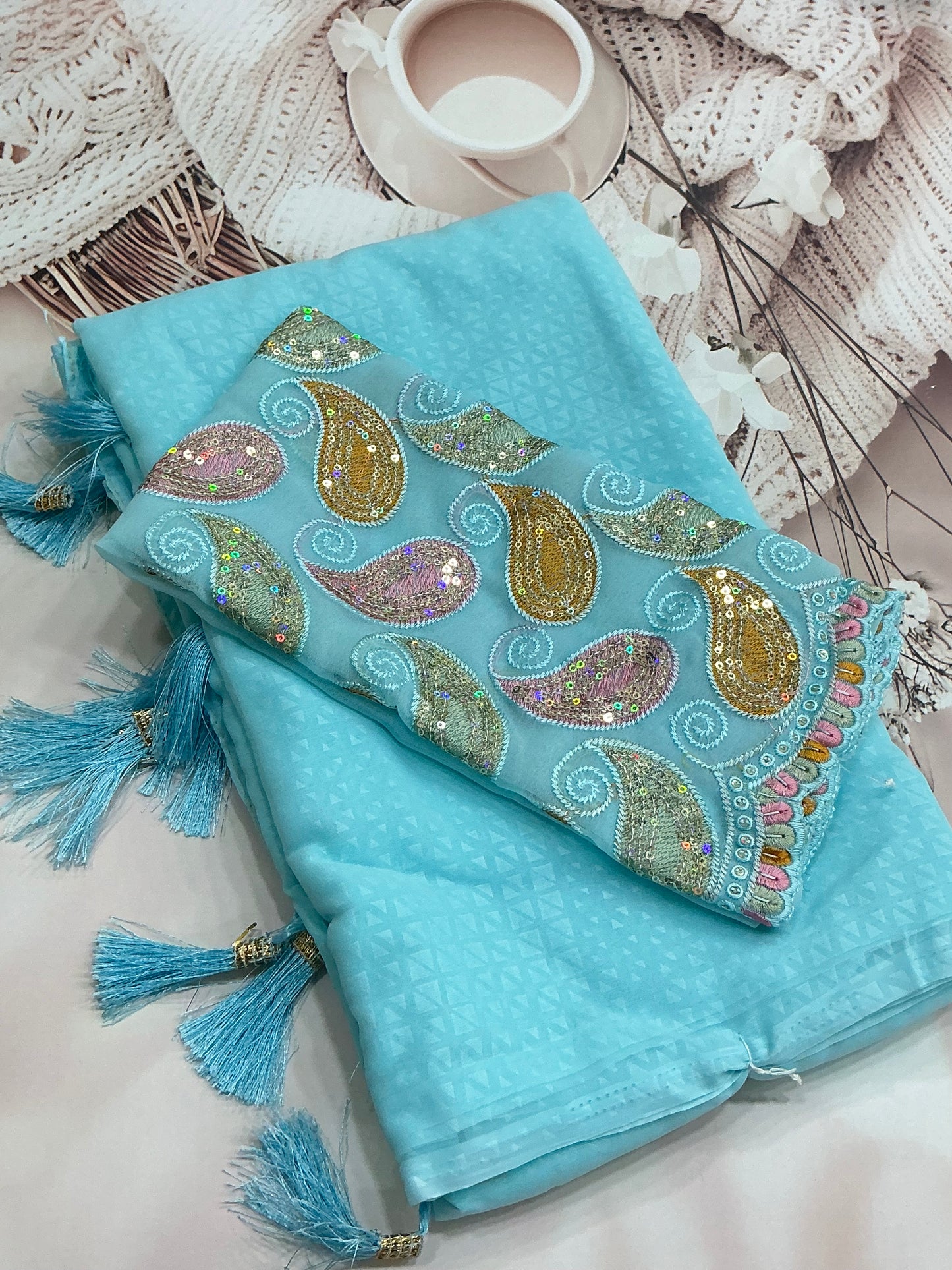 Fancy saree georgette - sky blue soft