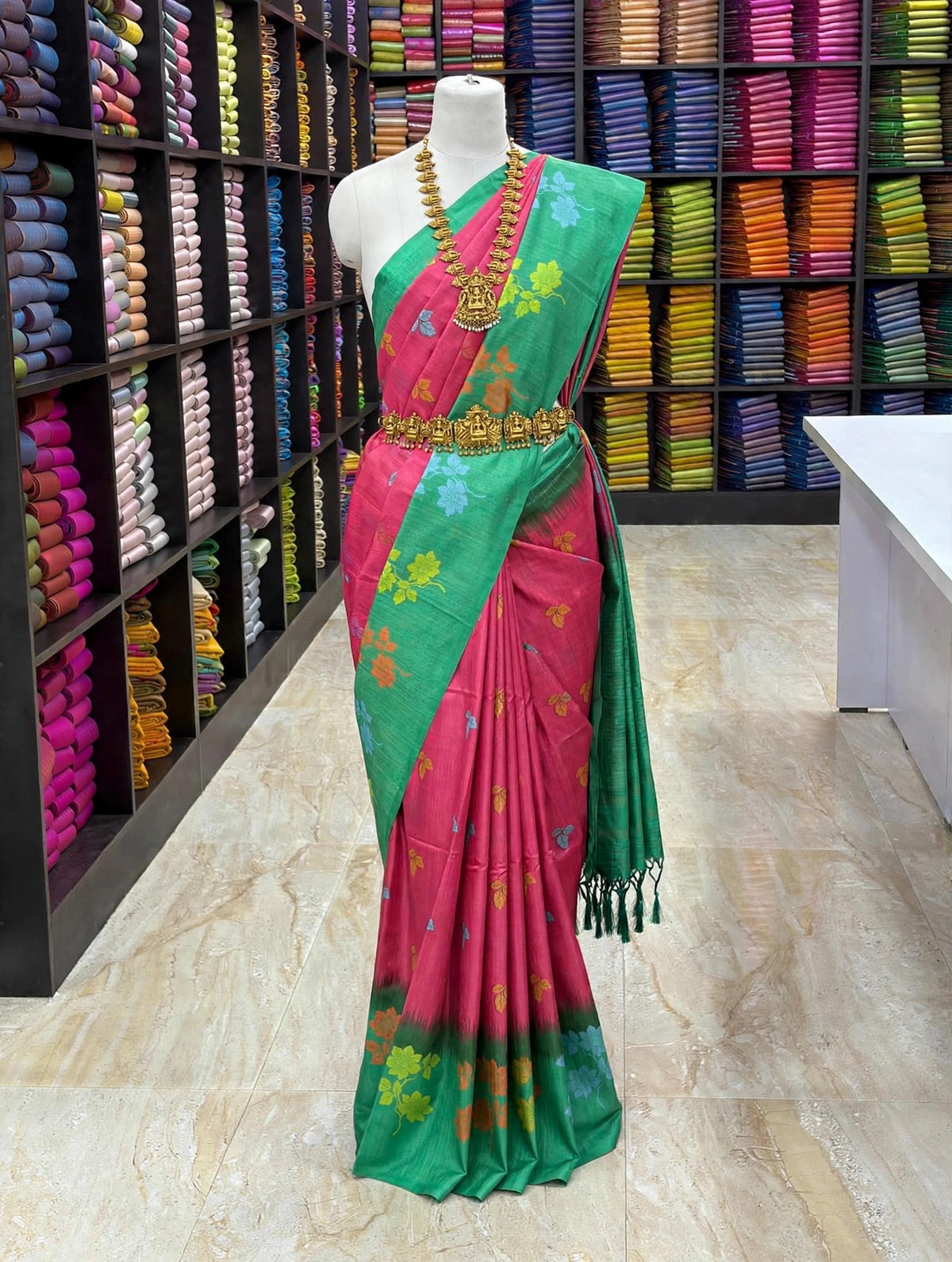 Tussar Soft Silk Saree | Floral Printed Soft Silk Saree | Elegant Contrast Pallu Saree | Sri Nandhini Tex