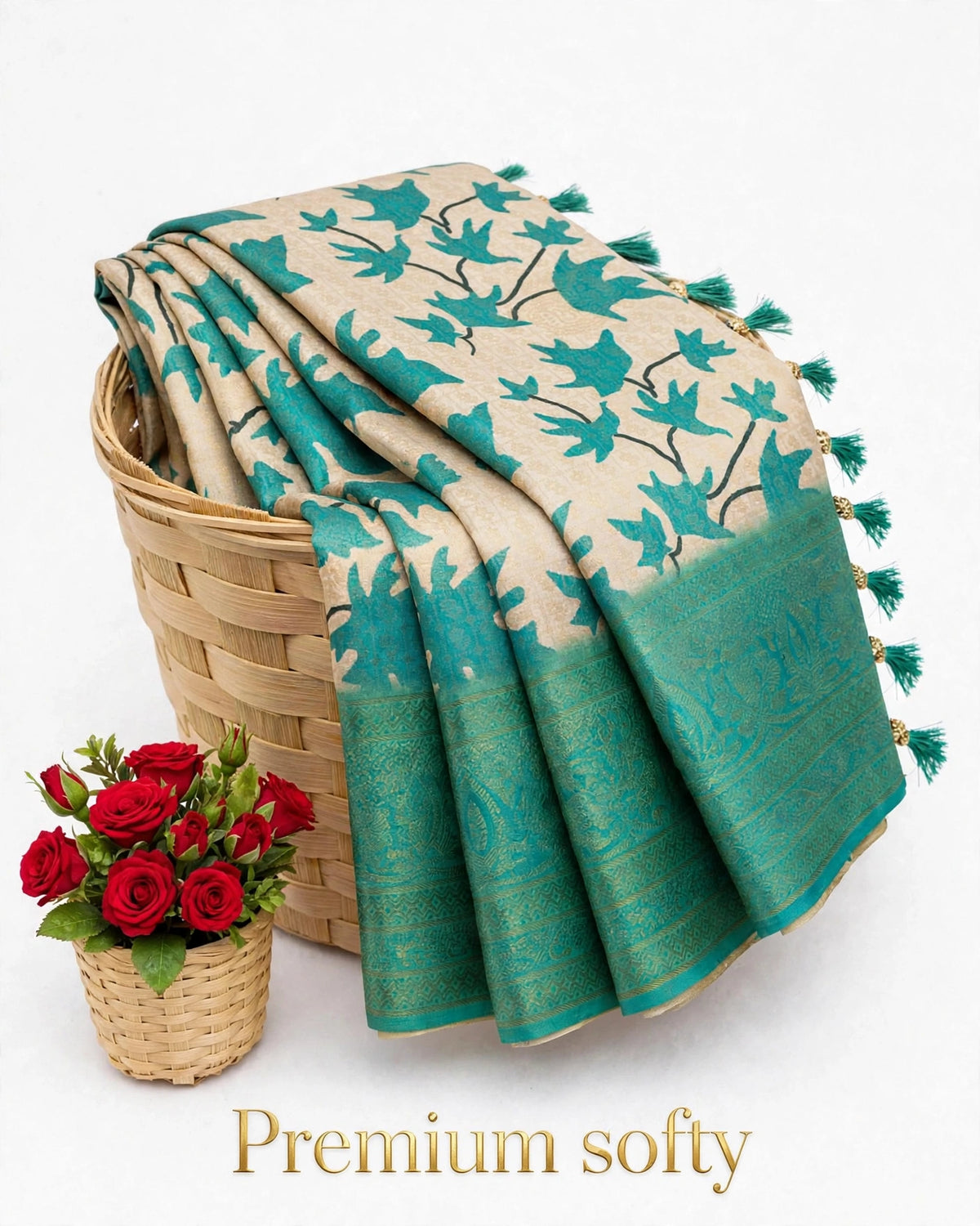 Premium Softy Leaf Print Saree with Rich Zari Border & Tassels | SNTPSL001
