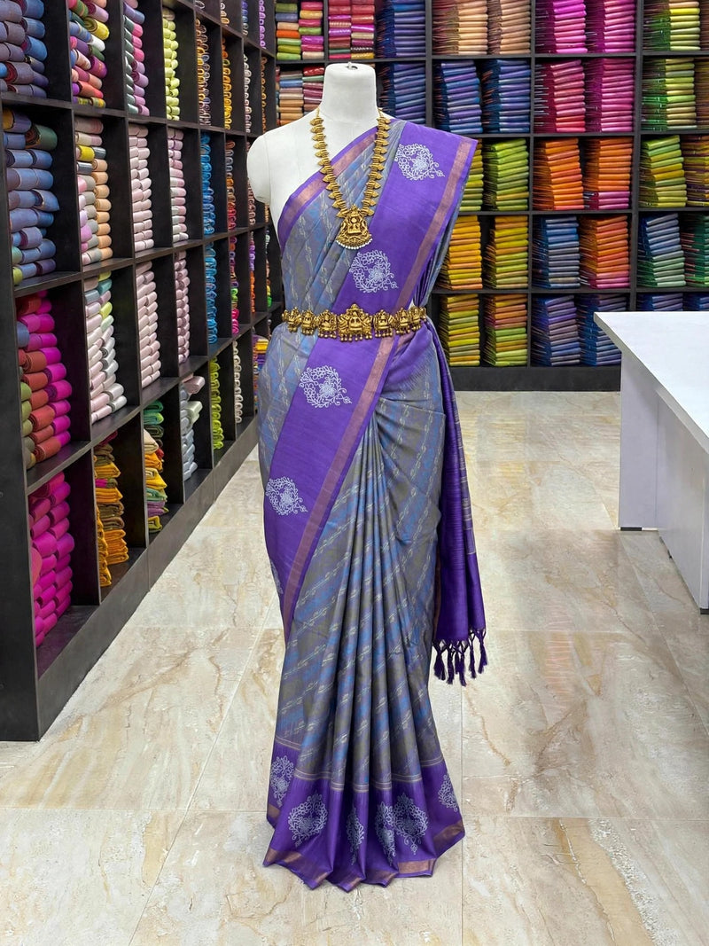 Tussar Soft Silk Saree with Contrast Pallu & printed design | Sri Nandhini Tex  Product Code:SNTTSS03