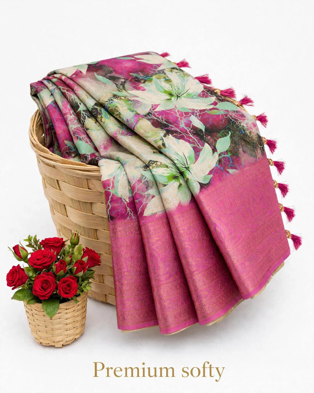 Premium Softy Floral Printed Saree with Rich Zari Border & Tassels | Elegant Designer Saree |code:SNTPSF001