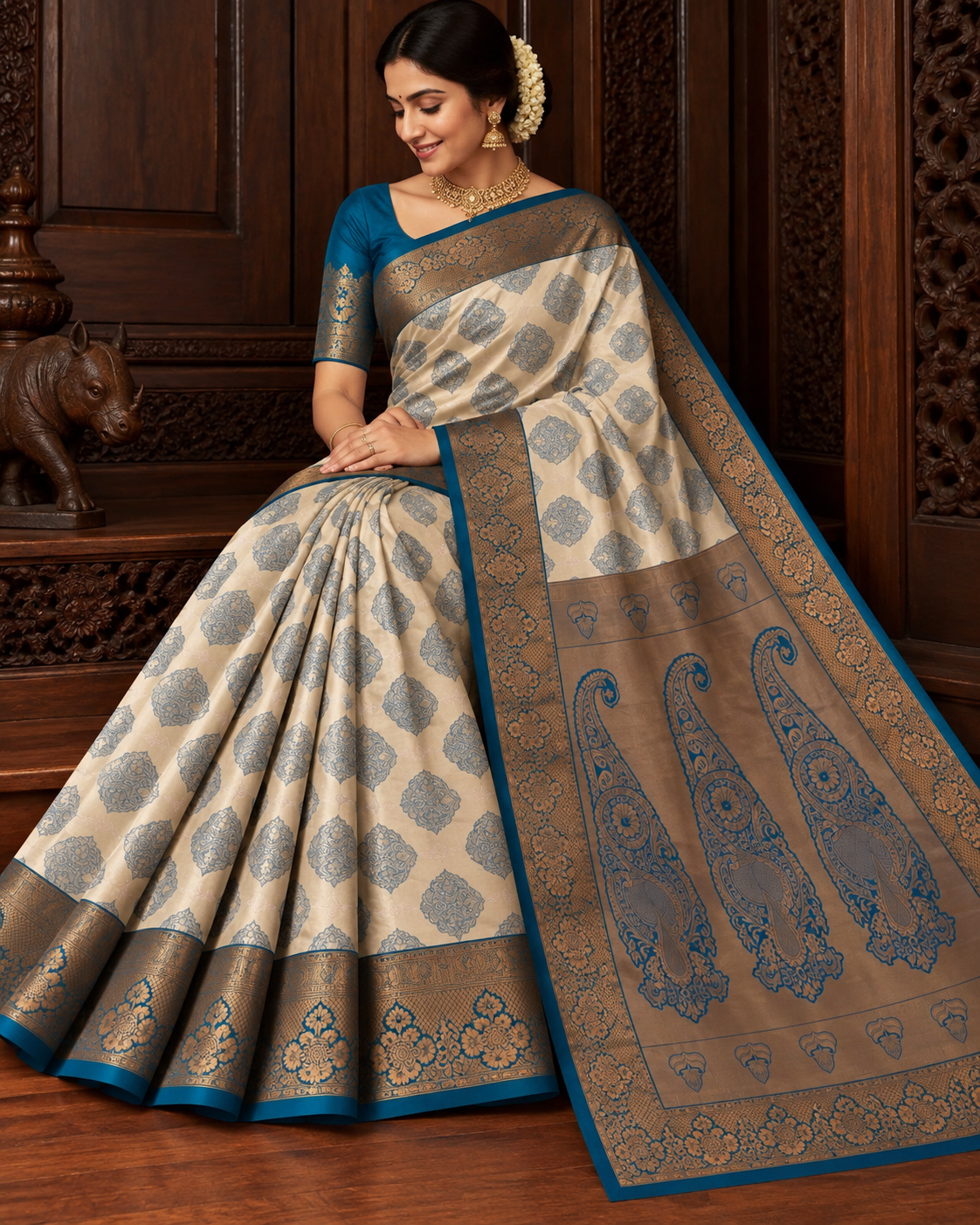 VIVAHA Pattu Saree for Women | Cream & Teal Blue Contrast | Premium Wedding Silk Saree | Rich Zari Border & Grand Pallu | With Blouse Piece | Direct Manufacturing – Sri Nandhini Tex