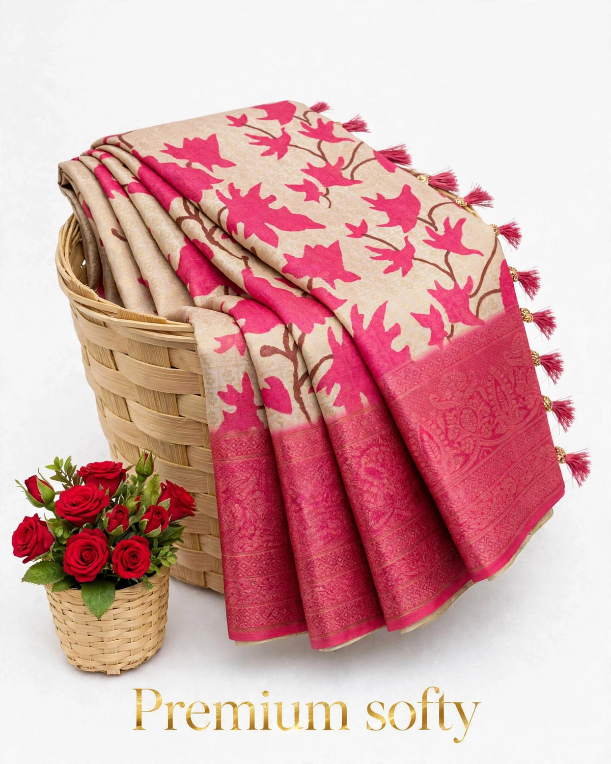 Premium Softy Leaf Print Saree with Rich Zari Border & Tassels | SNTPSL001