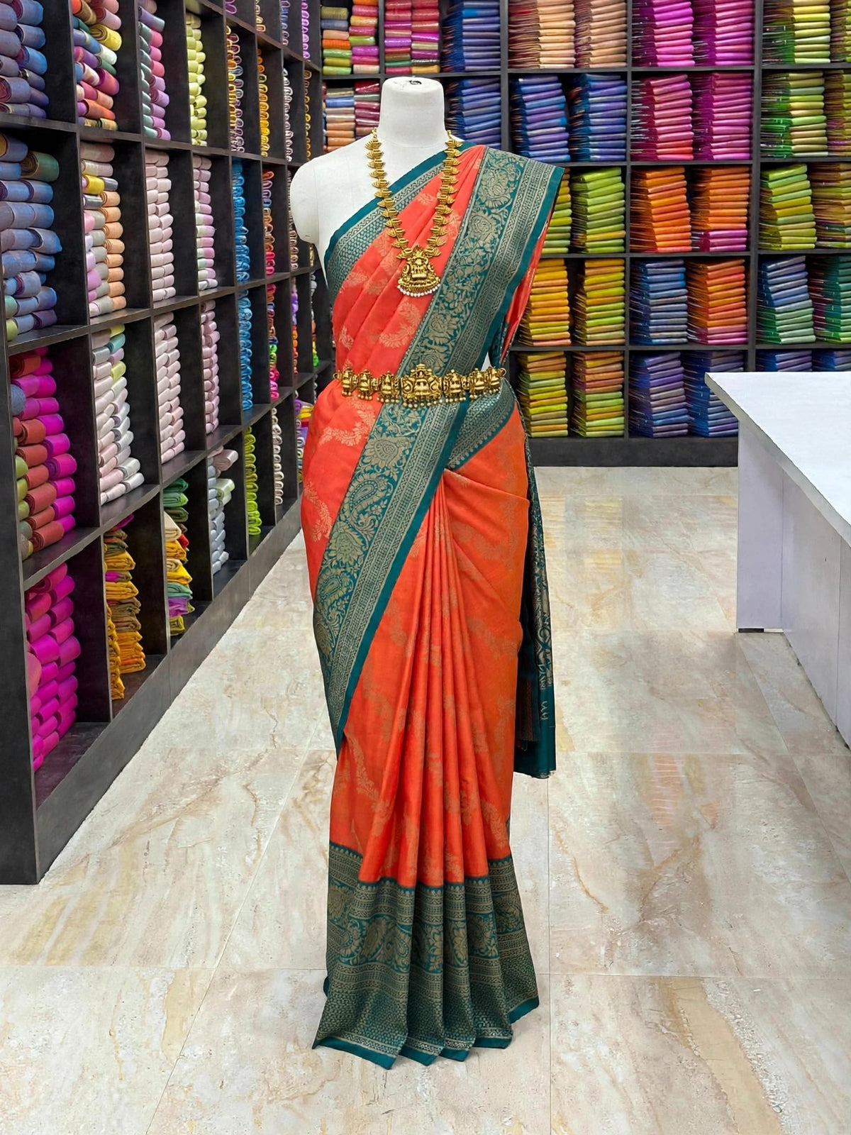 Coral Orange & Peacock Teal Necklace Design Premium Soft Silk Saree | Dual Shade | Ultra Soft Finish | Sri Nandhini Tex | SNTNDS002