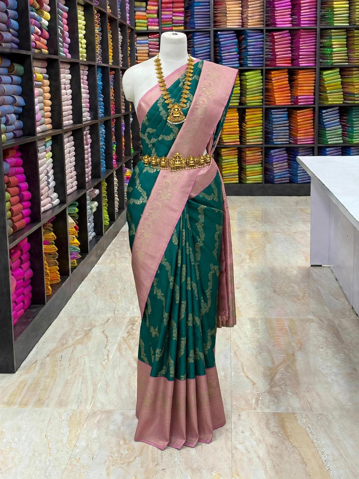 Peacock Teal & Dusty Rose Pink Necklace Design Premium Soft Silk Saree | Dual Shade | Ultra Soft Finish | Sri Nandhini Tex | SNTNDS005