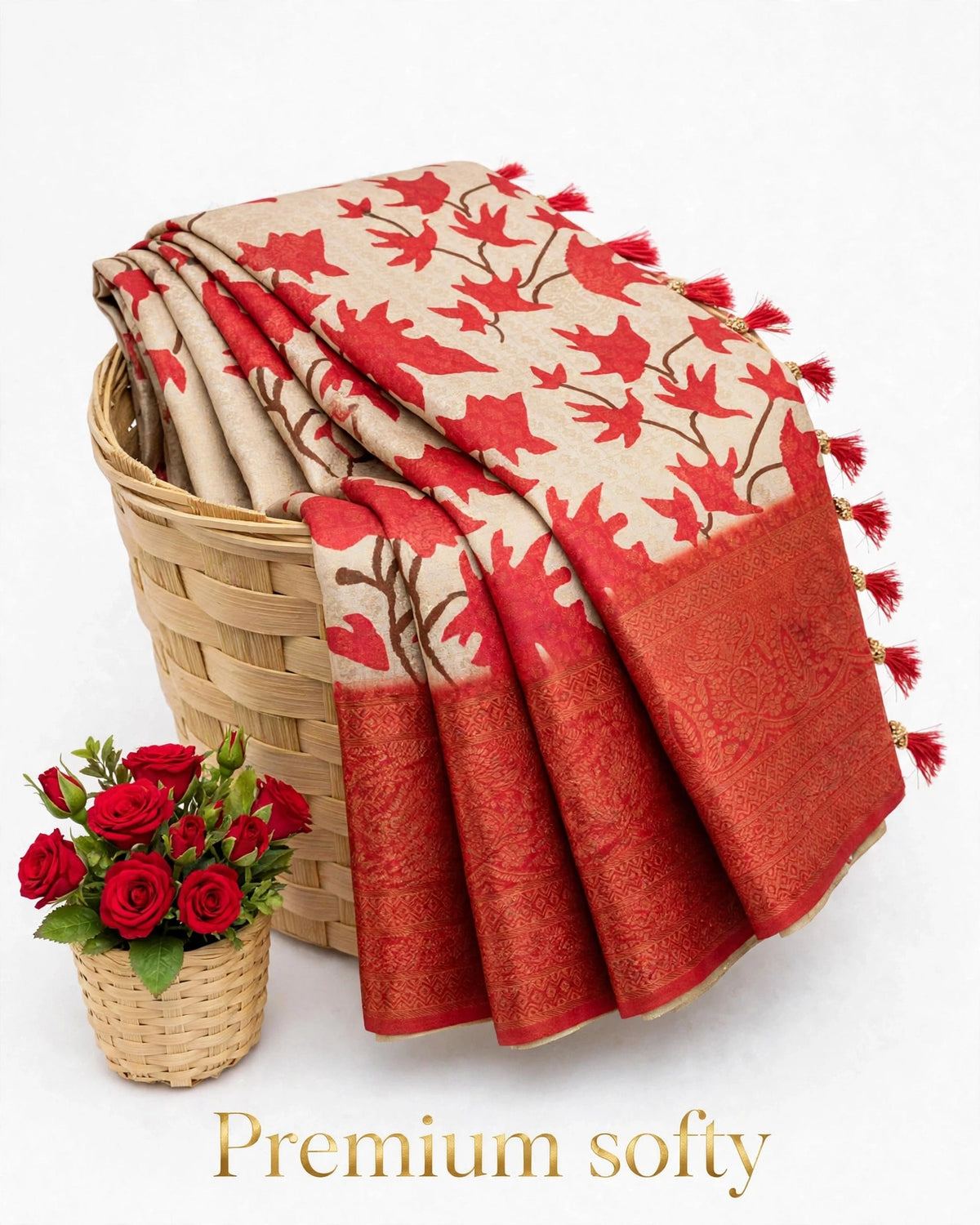 Premium Softy Leaf Print Saree with Rich Zari Border & Tassels | SNTPSL001