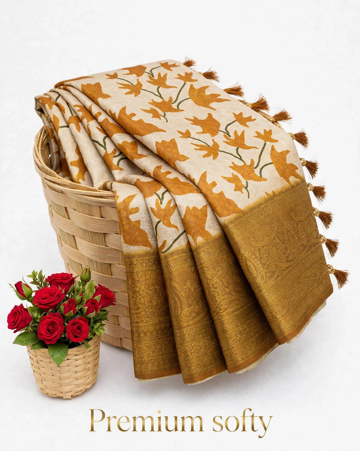 Premium Softy Leaf Print Saree with Rich Zari Border & Tassels | SNTPSL001