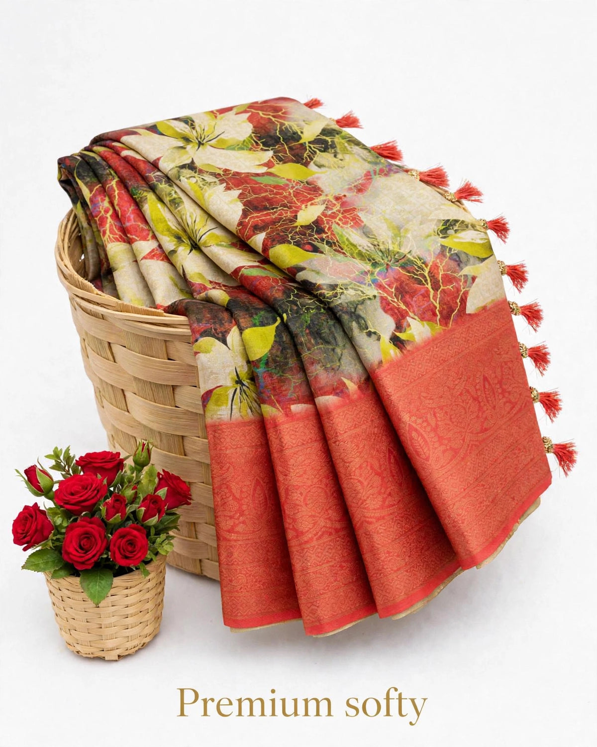 Premium Softy Floral Printed Saree with Rich Zari Border & Tassels | Elegant Designer Saree |code:SNTPSF001