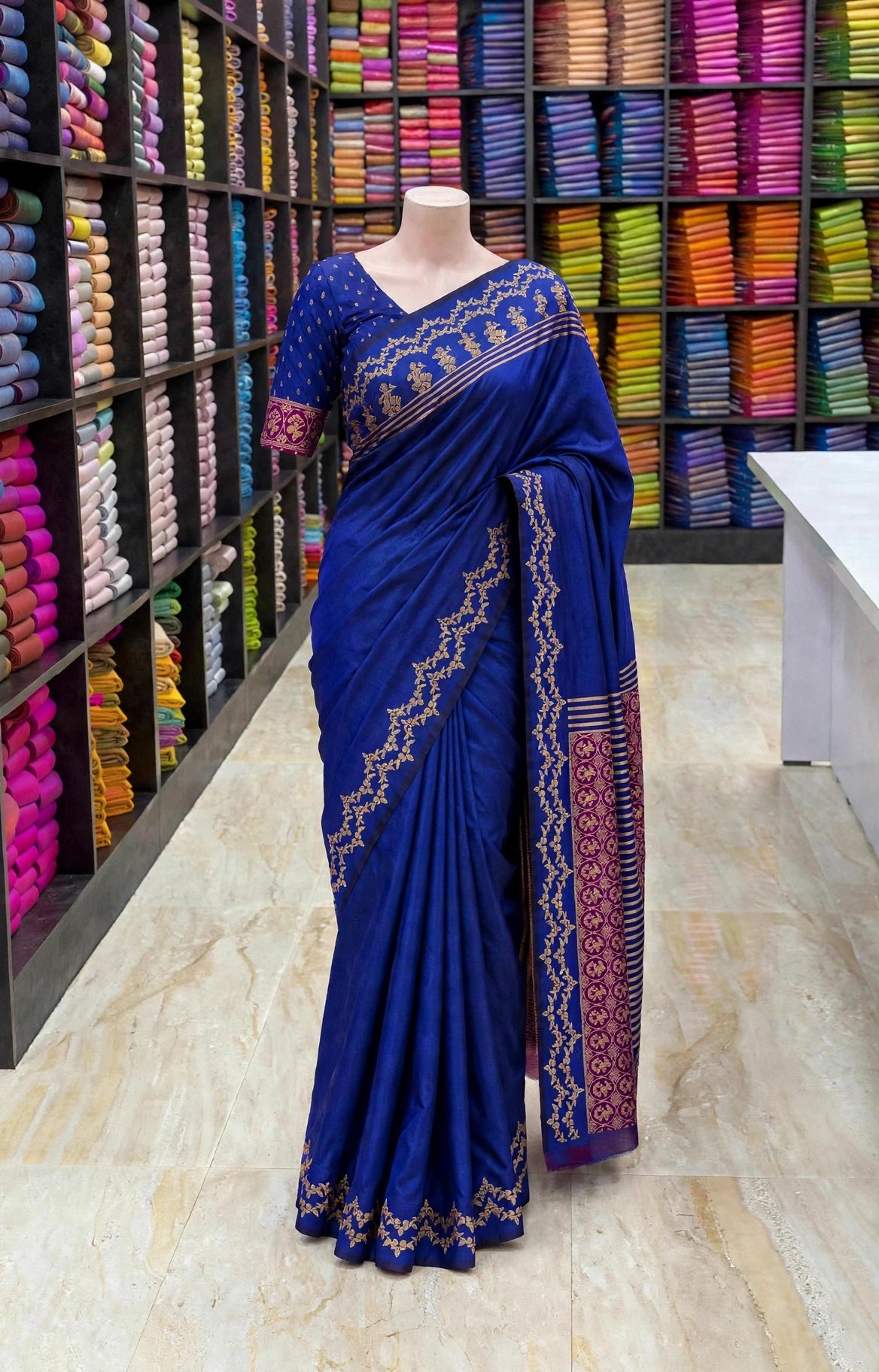 Rashmika Inspired Navy Blue Premium Soft Finish Saree | Gold Zari Border | Sri Nandhini Tex | SNTRS001