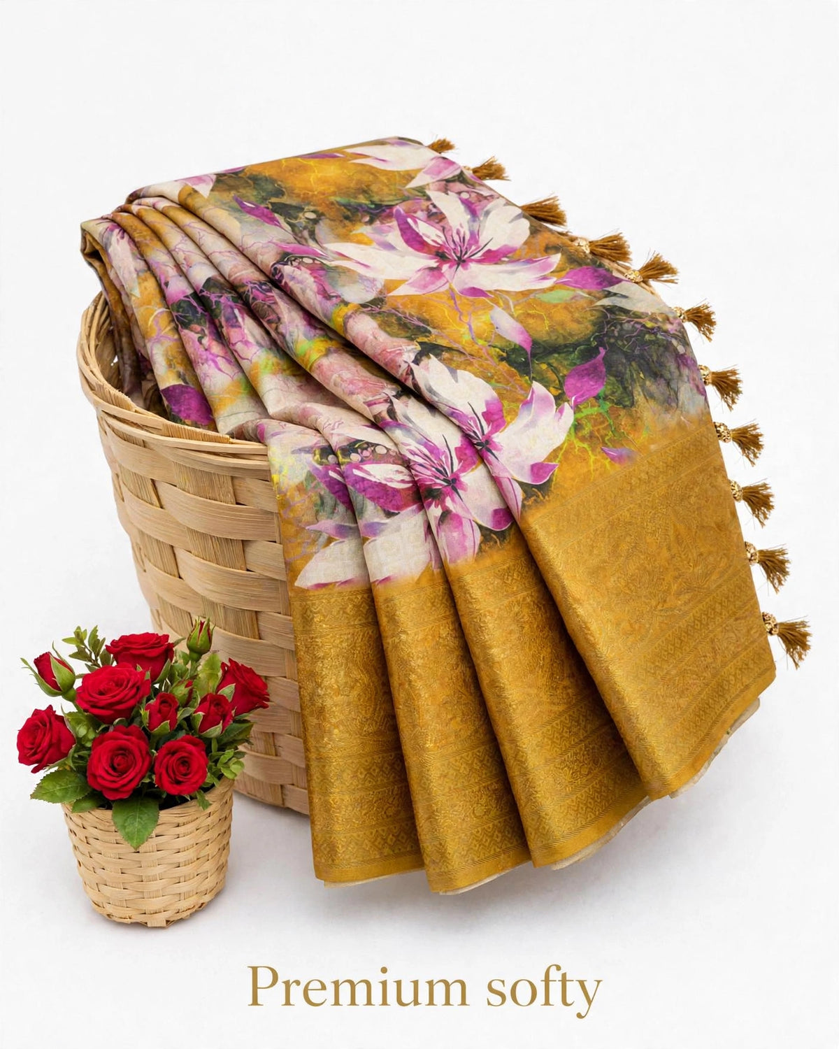 Premium Softy Floral Printed Saree with Rich Zari Border & Tassels | Elegant Designer Saree |code:SNTPSF001