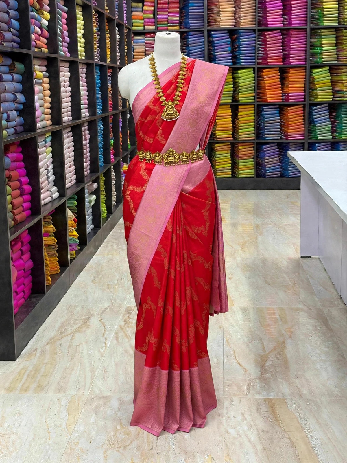 Ruby Red & Baby Pink Necklace Design Premium Soft Silk Saree | Dual Shade | Ultra Soft Finish | Sri Nandhini Tex | SNTNDS004