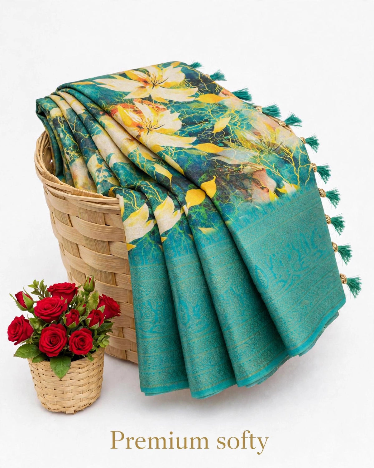 Premium Softy Floral Printed Saree with Rich Zari Border & Tassels | Elegant Designer Saree |code:SNTPSF001