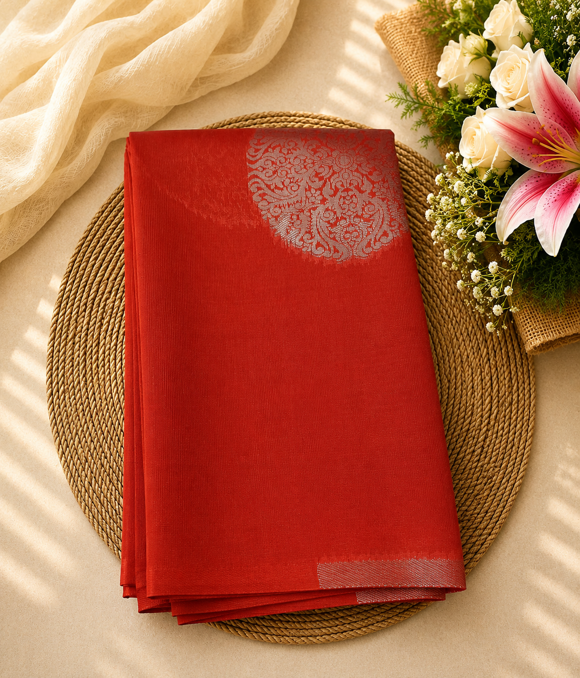 Semi Soft Silk Offer Saree | Vermilion Red | Rich Festive Finish | Sri Nandhini Tex | Code: SNTAOS12