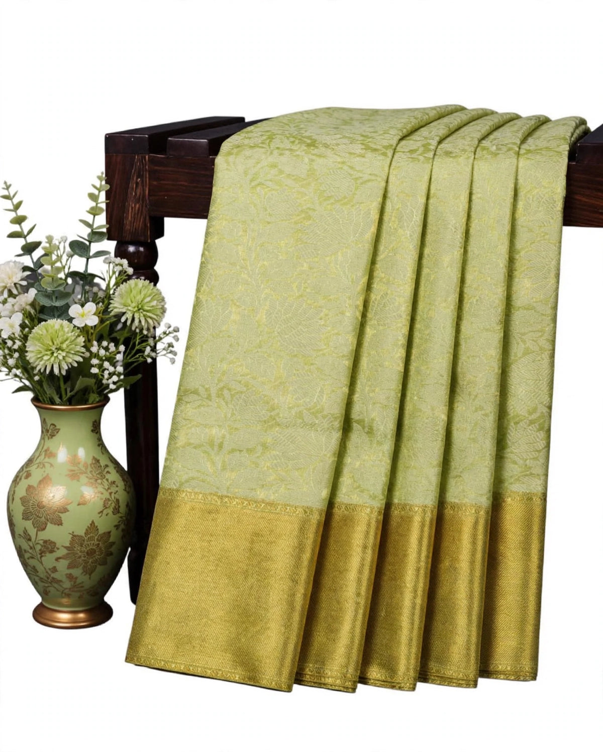 Premium Tissue Silk Saree in Pastel Pistachio Green with Antique Gold Zari Border | SNTTS701 | Sri Nandhini Tex
