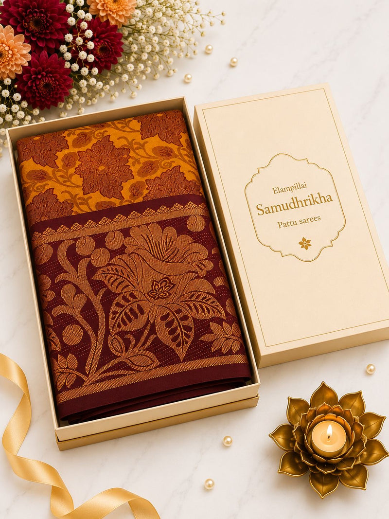Premium Elampillai Samudhrikha Pattu Saree – Golden Ochre with Maroon Heritage Border | Traditional Wedding Silk Saree | Sri Nandhini Tex | SNTSP004