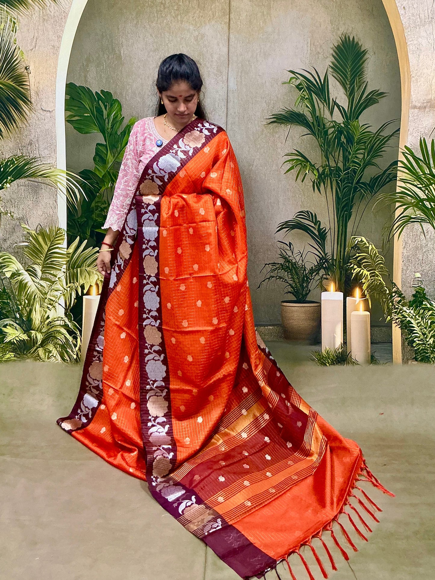 Trending Rust Orange Saree – Premium Soft Silk with Designer Floral Border | Sri Nandhini Tex | SNTRS001