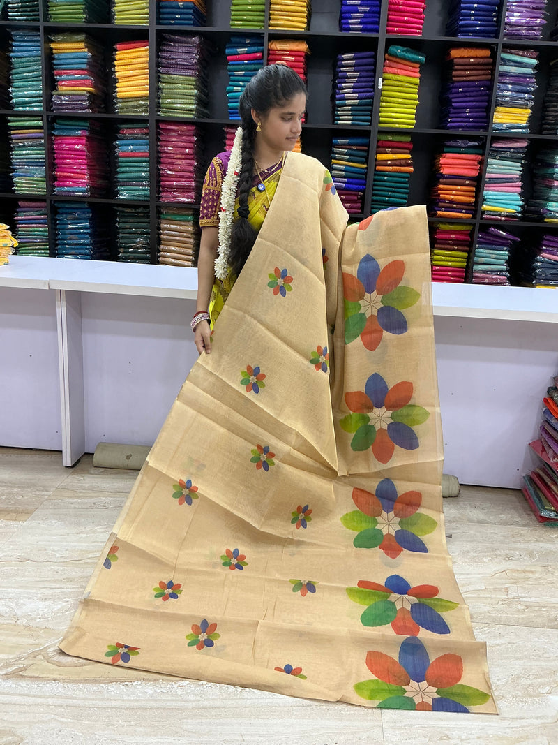 Premium Tissue Silk Saree | Cream Beige with Multicolor Floral Design | Elegant Traditional Wear | Sri Nandhini Tex | SNTTS001