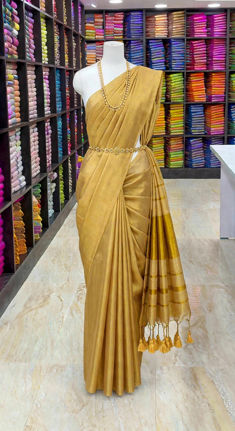 Golden Saree | Premium Linen Tissue Saree with Zari Pallu & Tassels |Code: SNT001