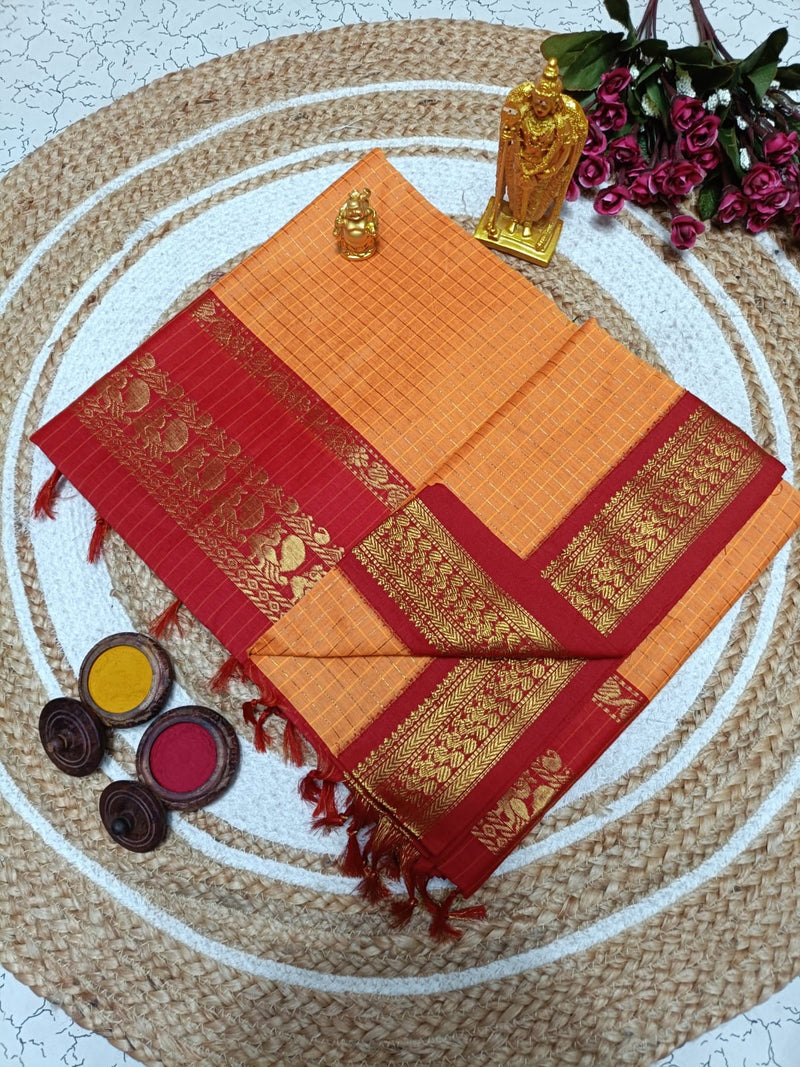 Kalyani Cotton Saree in Bright Orange with Rich Red Zari Border and Traditional Elephant Design Pallu for Festive & Wedding Wear
