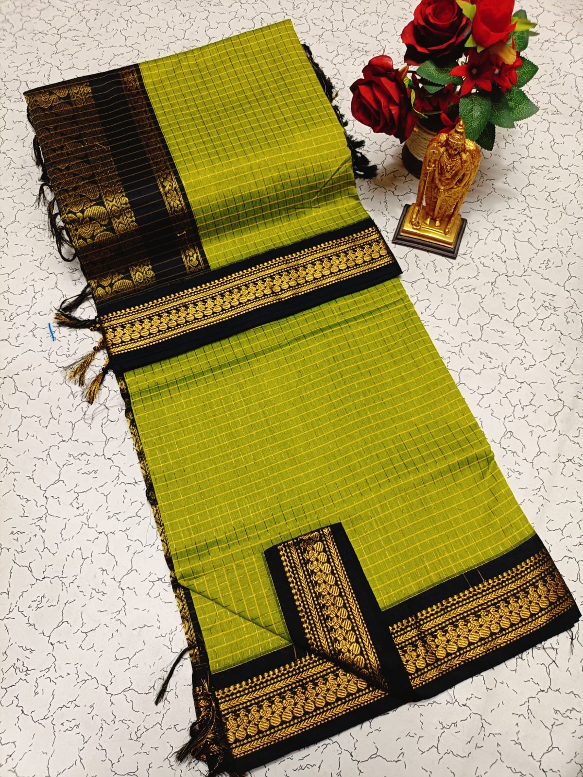 Kalyani Cotton Saree in Parrot Green with Black Contrast Zari Border and Rich Traditional Pallu for Elegant Ethnic Wear