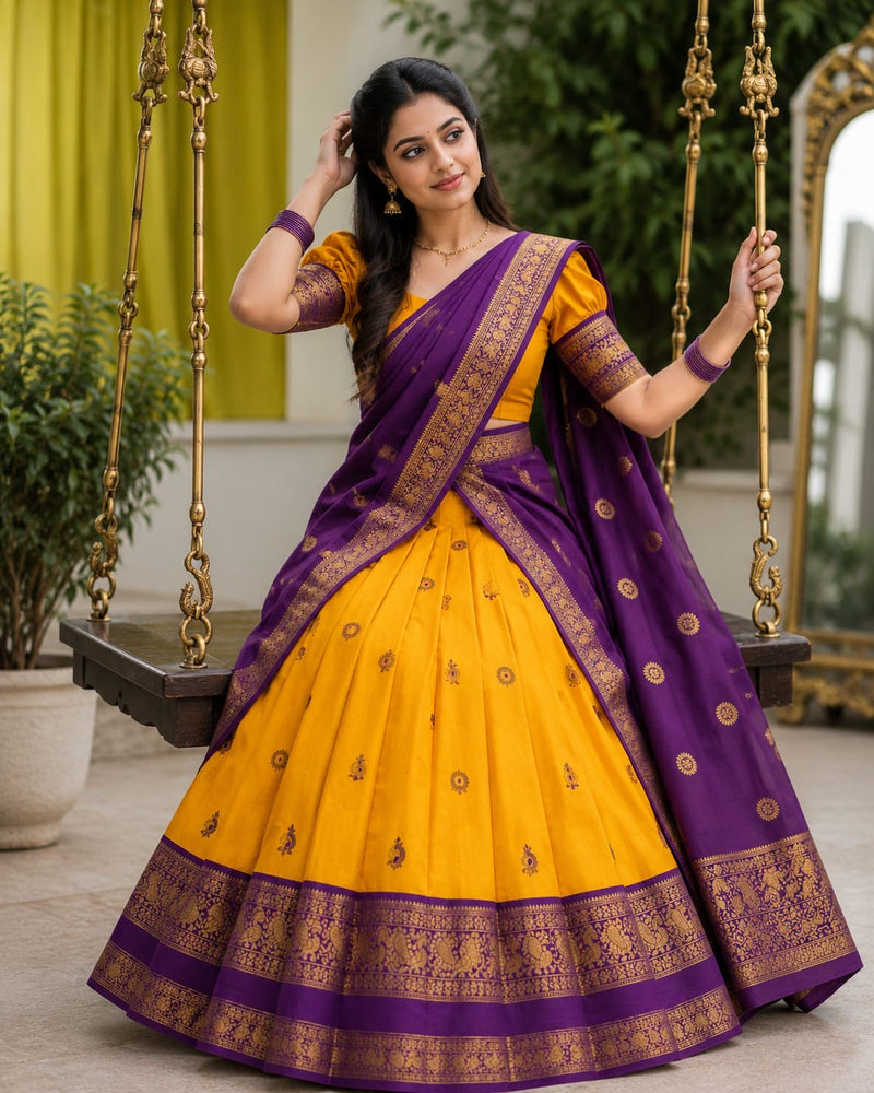 Traditional Elampillai Half Saree Set – Purple & Mustard South Indian Pavadai Dhavani | Sri Nandhini Tex