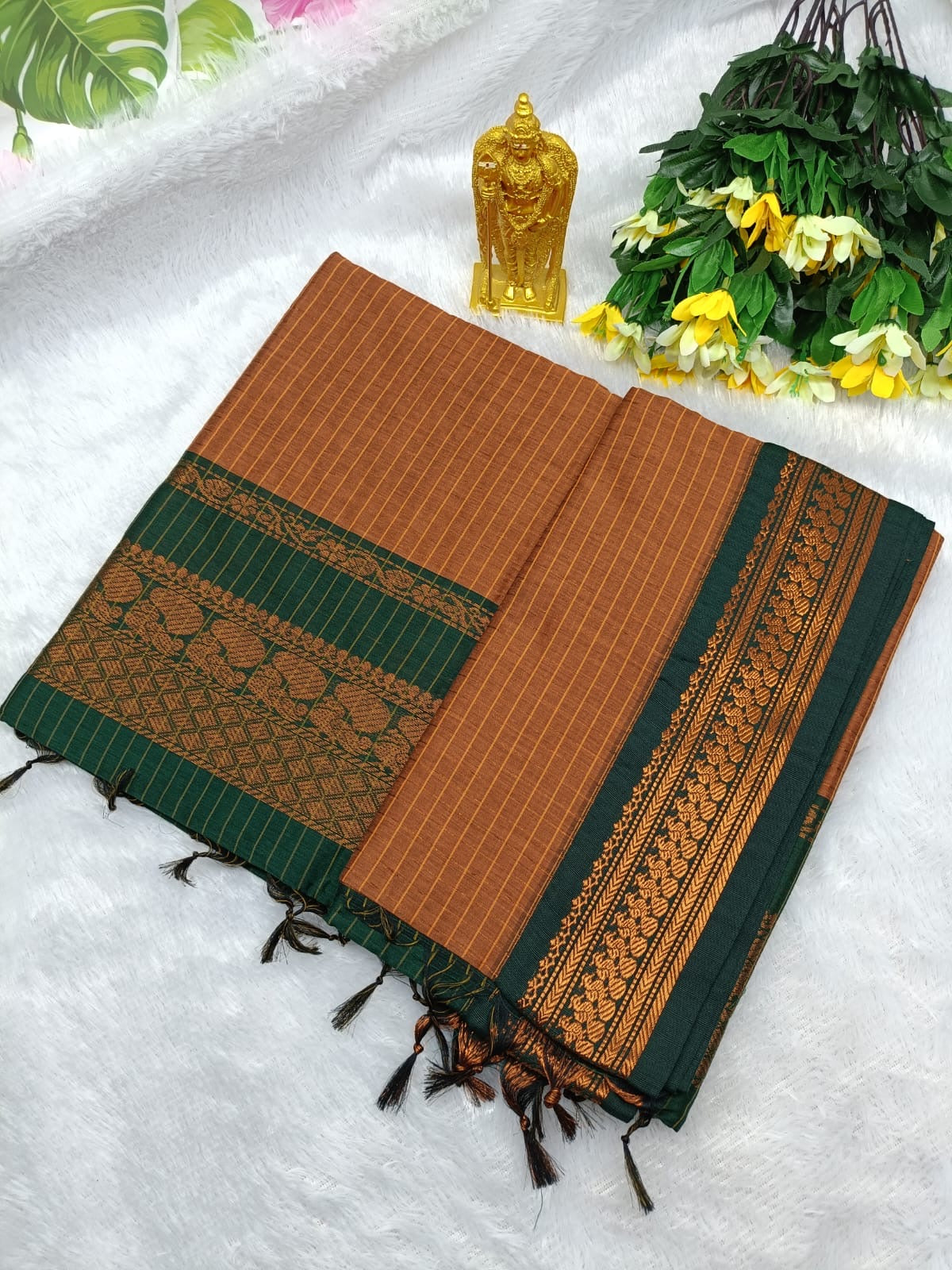 Kalyani Cotton Saree in Rust Orange with Bottle Green Contrast Zari Border and Traditional Rich Pallu for Ethnic Wear