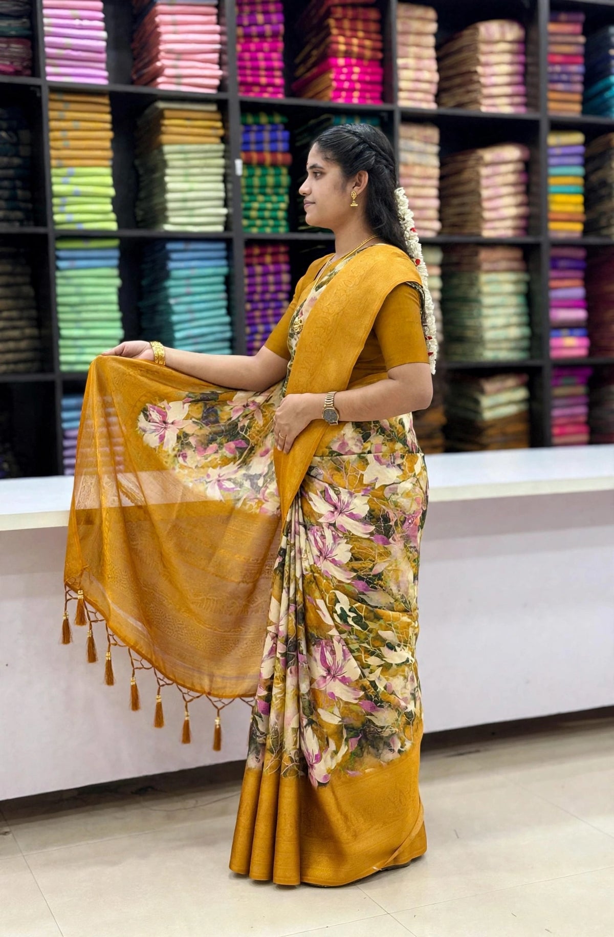 Mustard Yellow Floral Print Designer Saree with Broad Border & Tassel Pallu | SNTFL102 | Sri Nandhini Tex
