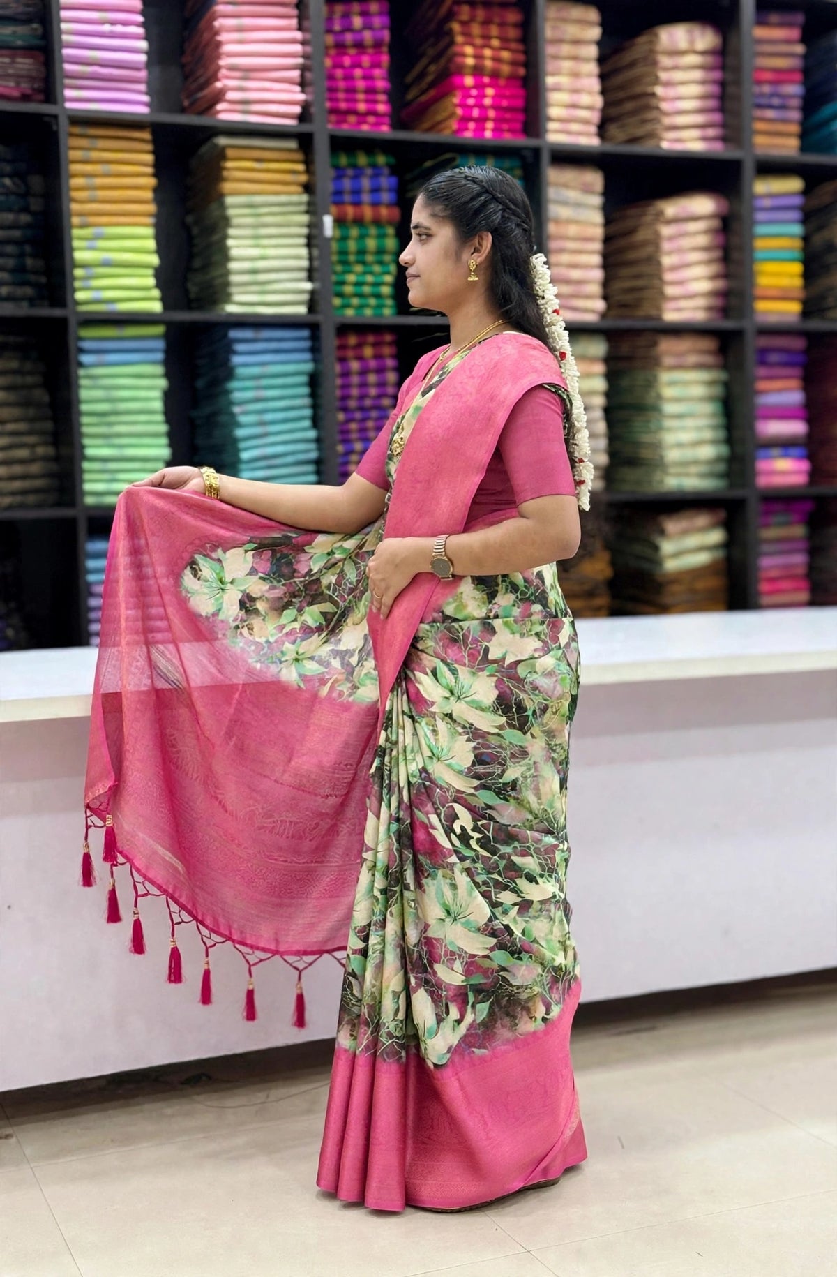 Pink Floral Print Designer Saree with Contrast Border & Tassel Pallu | SNTFL101 | Sri Nandhini Tex