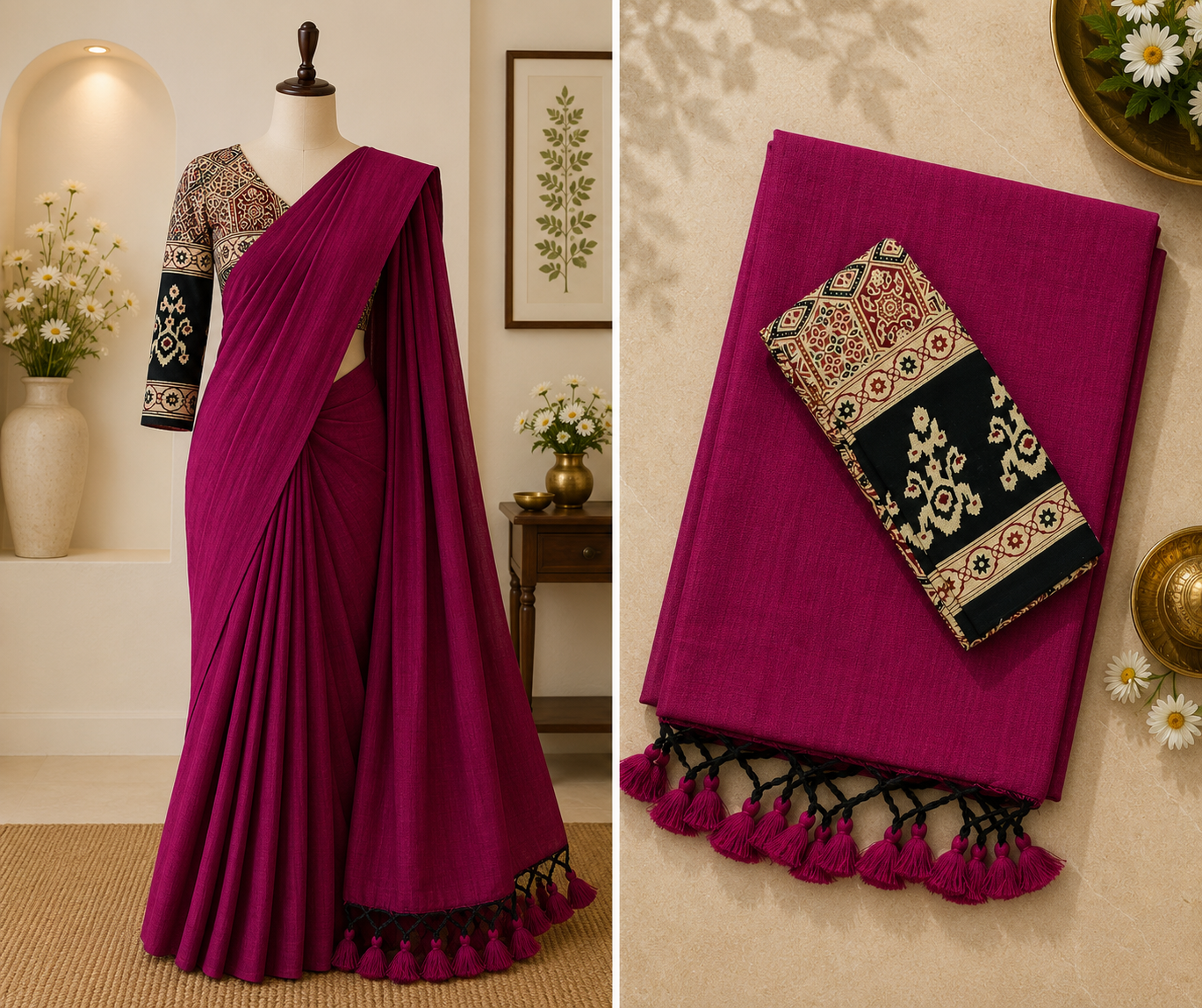Khadi Cotton Saree with Kalamkari Blouse | Wine Purple | Sri Nandhini Tex | Code: SNTCK110