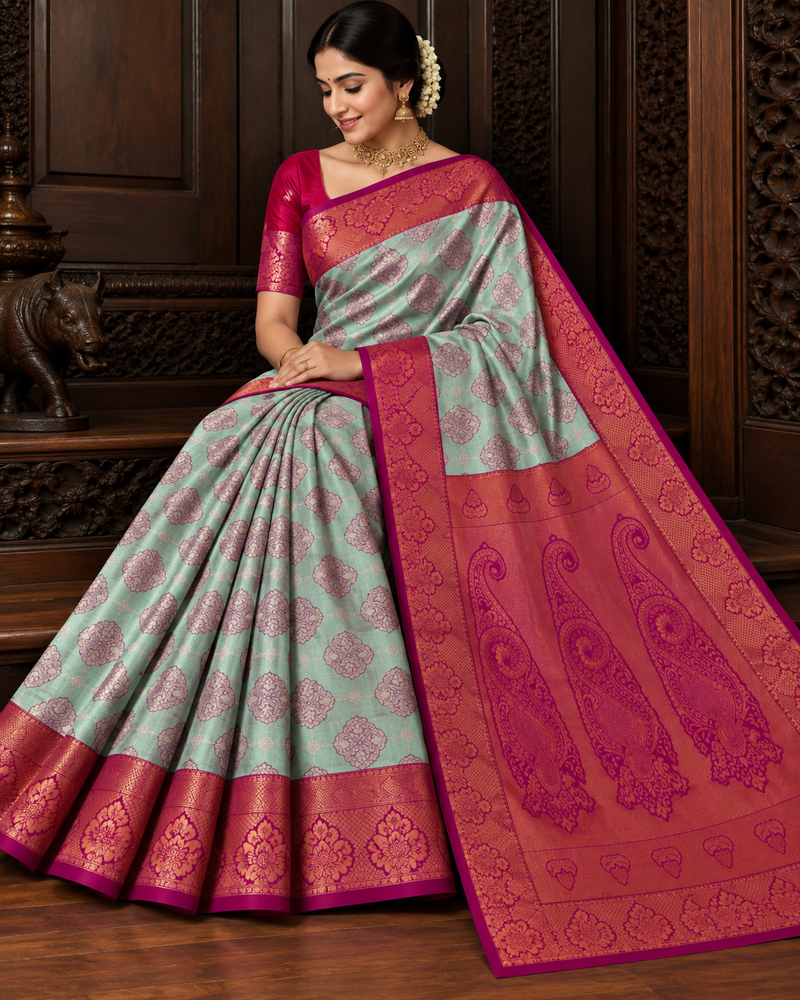 VIVAHA Pattu Saree for Women | Mint Green & Rani Pink Contrast | Premium Wedding Silk Saree | Rich Zari Border & Grand Pallu | With Blouse Piece | Direct Manufacturing – Sri Nandhini Tex