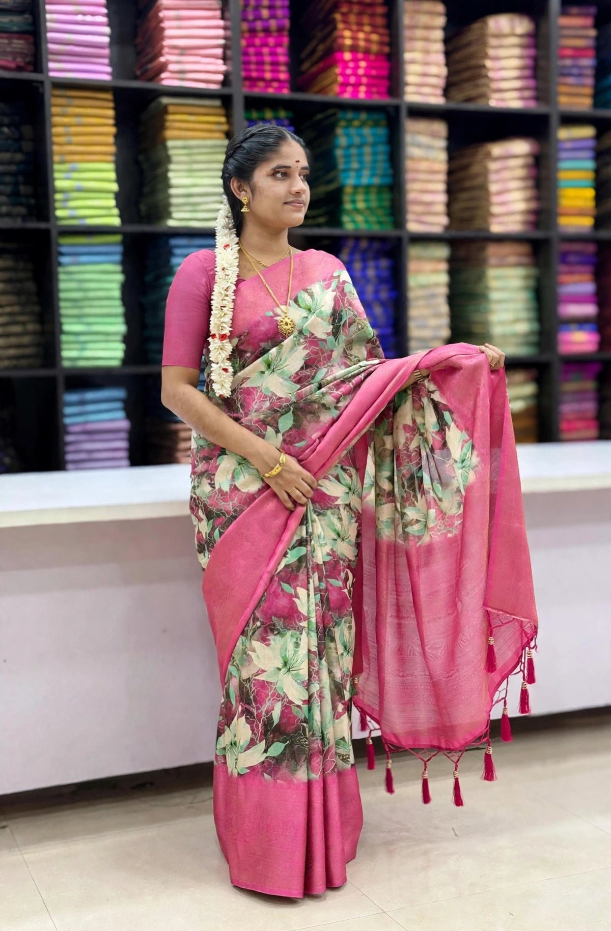 Pink Floral Print Designer Saree with Contrast Border & Tassel Pallu | SNTFL101 | Sri Nandhini Tex