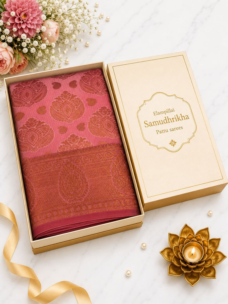Premium Elampillai Samudhrikha Pattu Saree – Rose Pink with Antique Copper Border | Traditional Wedding Silk Saree | Sri Nandhini Tex | SNTSP005