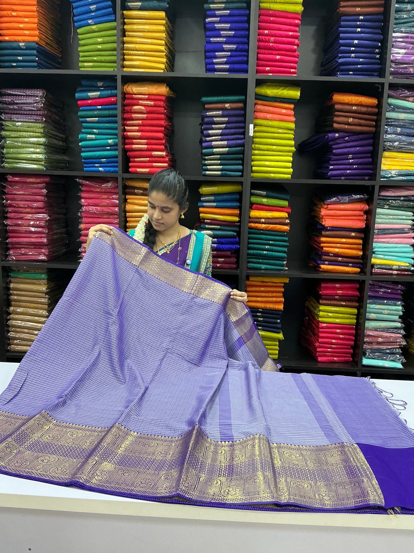 Premium Banaras Soft Silk Saree | Lavender Purple with Royal Purple Border | Elegant Zari Weaving | Sri Nandhini Tex
Code: SNTBS04