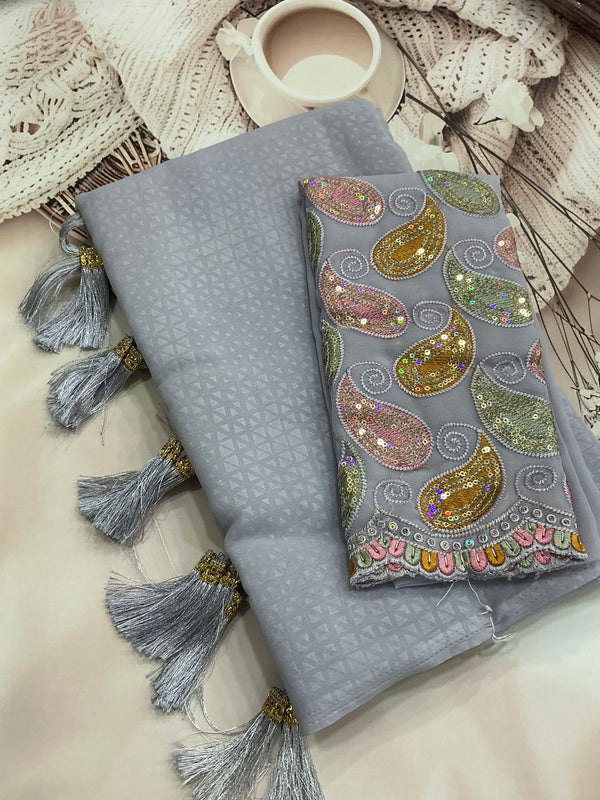 Fancy saree - soft georgette - Silver Grey