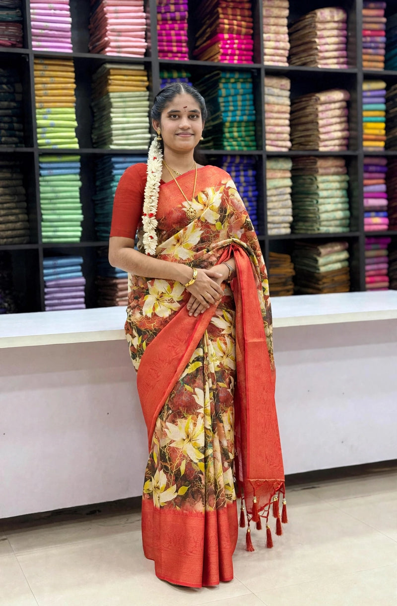Rust Orange Floral Print Designer Saree with Broad Border & Tassel Pallu | SNTFL103 | Sri Nandhini Tex