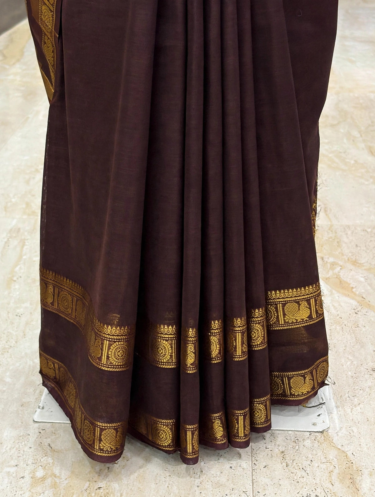 Premium Kanchi Cotton Saree | Royal Chocolate Brown with Antique Gold Zari Border | Traditional Kanchi Cotton Saree