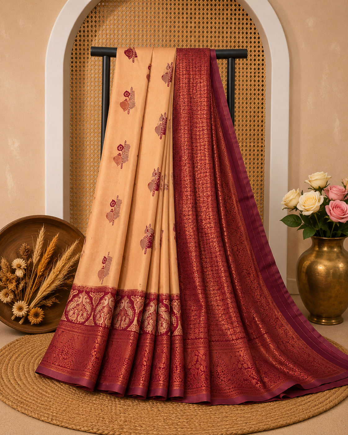 Mayura Silk Saree | Elegant Festive Wear Soft Finish | Cream Beige & Maroon | Sri Nandhini Tex | MYS002