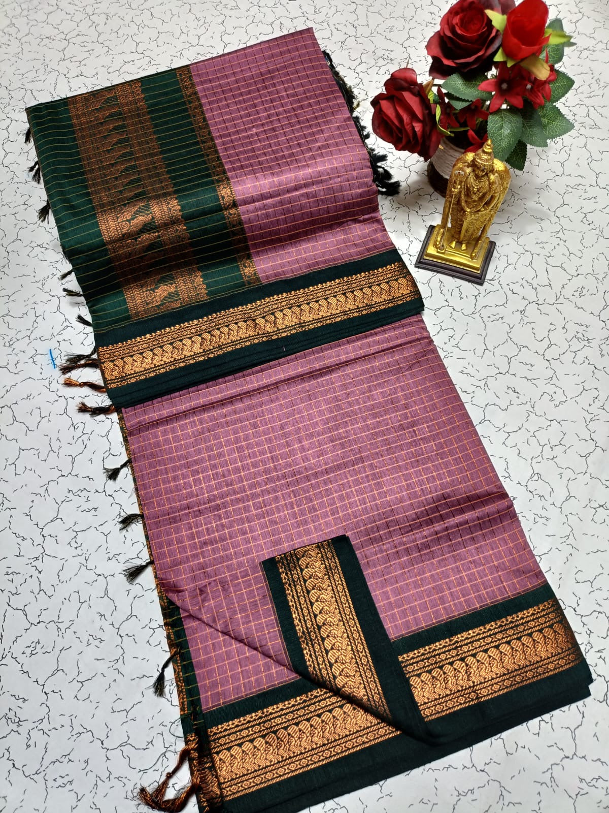 Kalyani Soft Cotton Saree in Lavender with Dark Green Contrast Zari Border and Classic South Indian Weaving Design