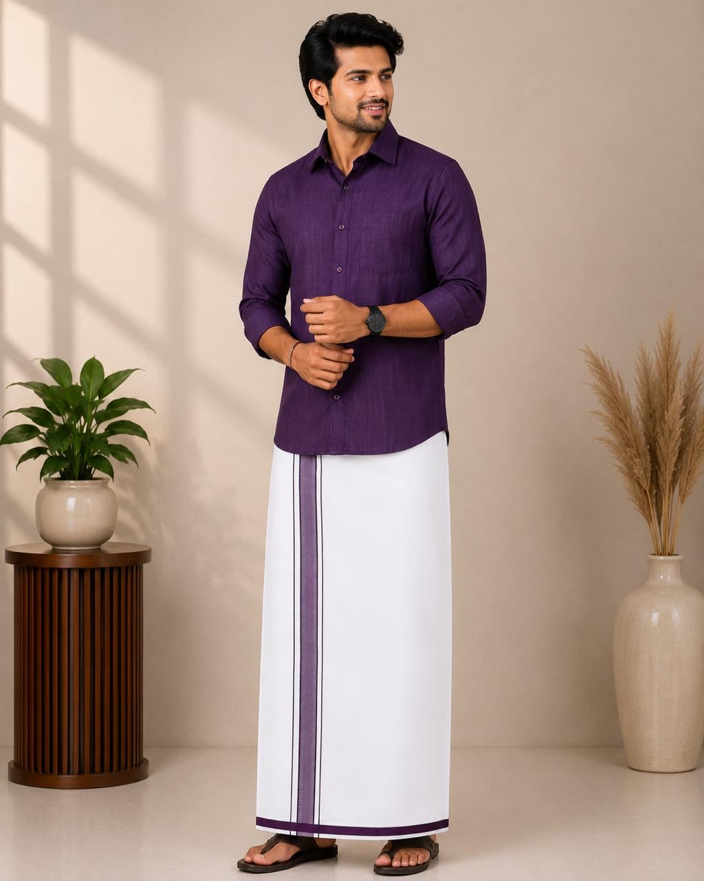Vesti & Shirt Combo | Royal Purple Shirt with White Colour Vesti | SNTVC003