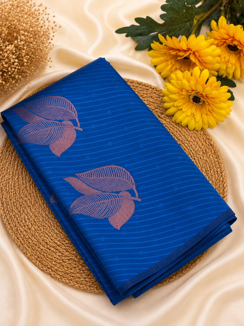 Semi Soft Silk Saree | Elegant Leaf Motif Weave | Blue | Sri Nandhini Tex | Code: SNTPAOS82